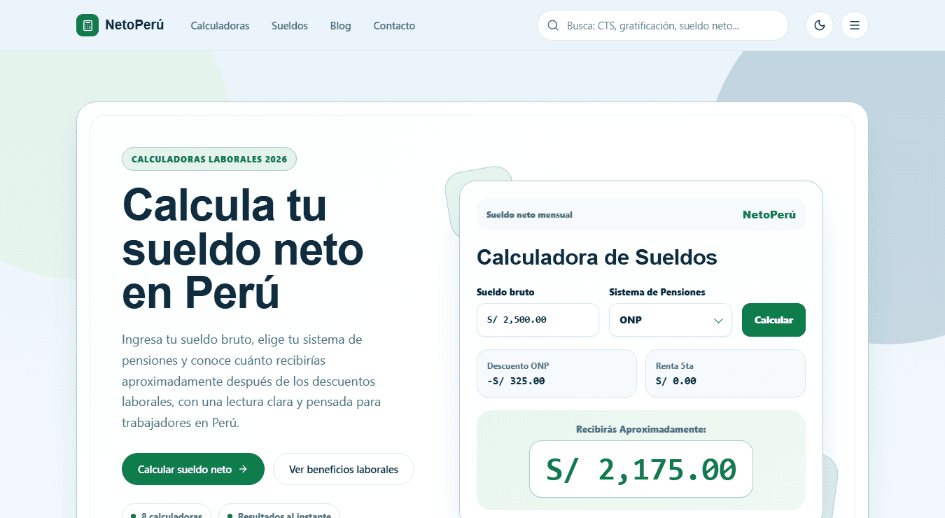 Portada de NetoPeru con calculadora de sueldo neto en Peru