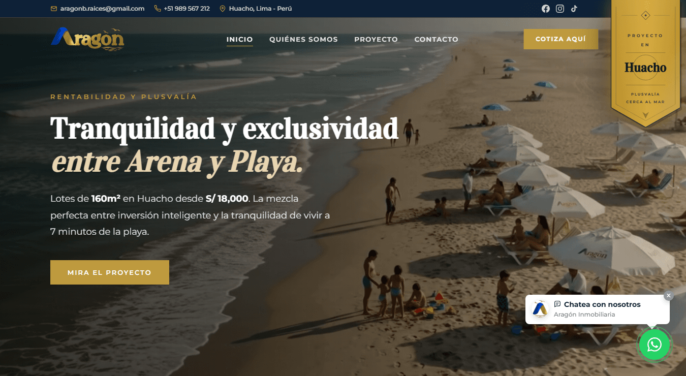 Portada del sitio web Aragon Inversiones con vista de playa y llamada a cotizar
