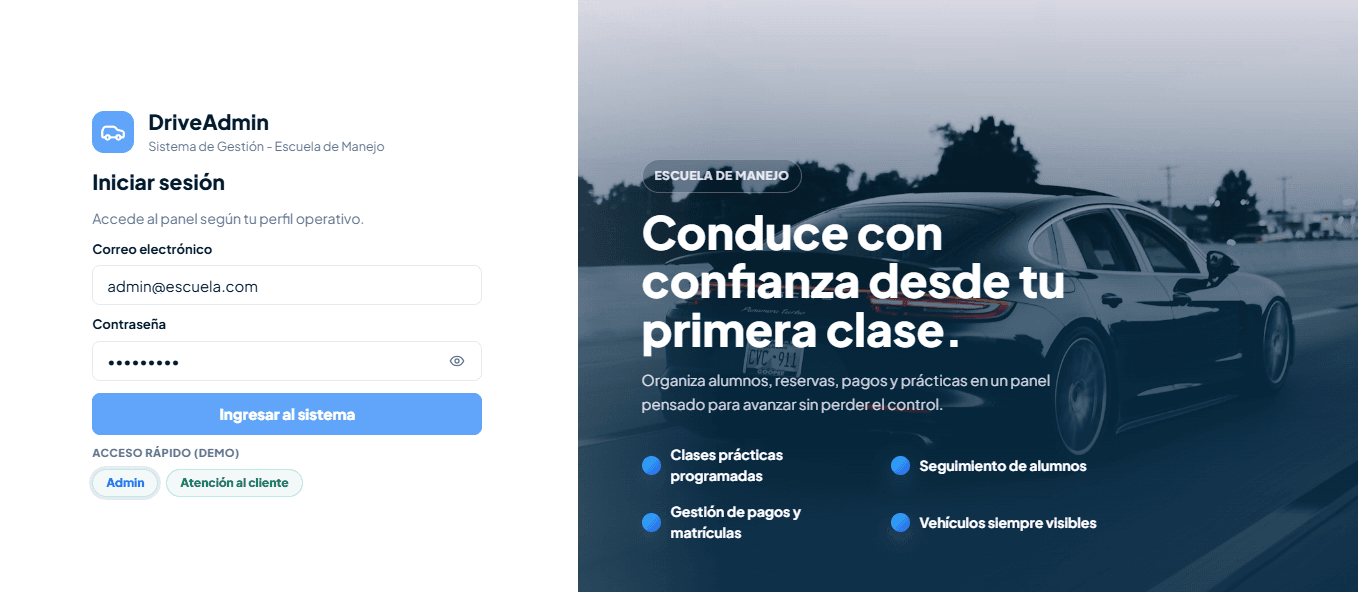 Pantalla de inicio de sesion del sistema DriveAdmin para escuela de manejo
