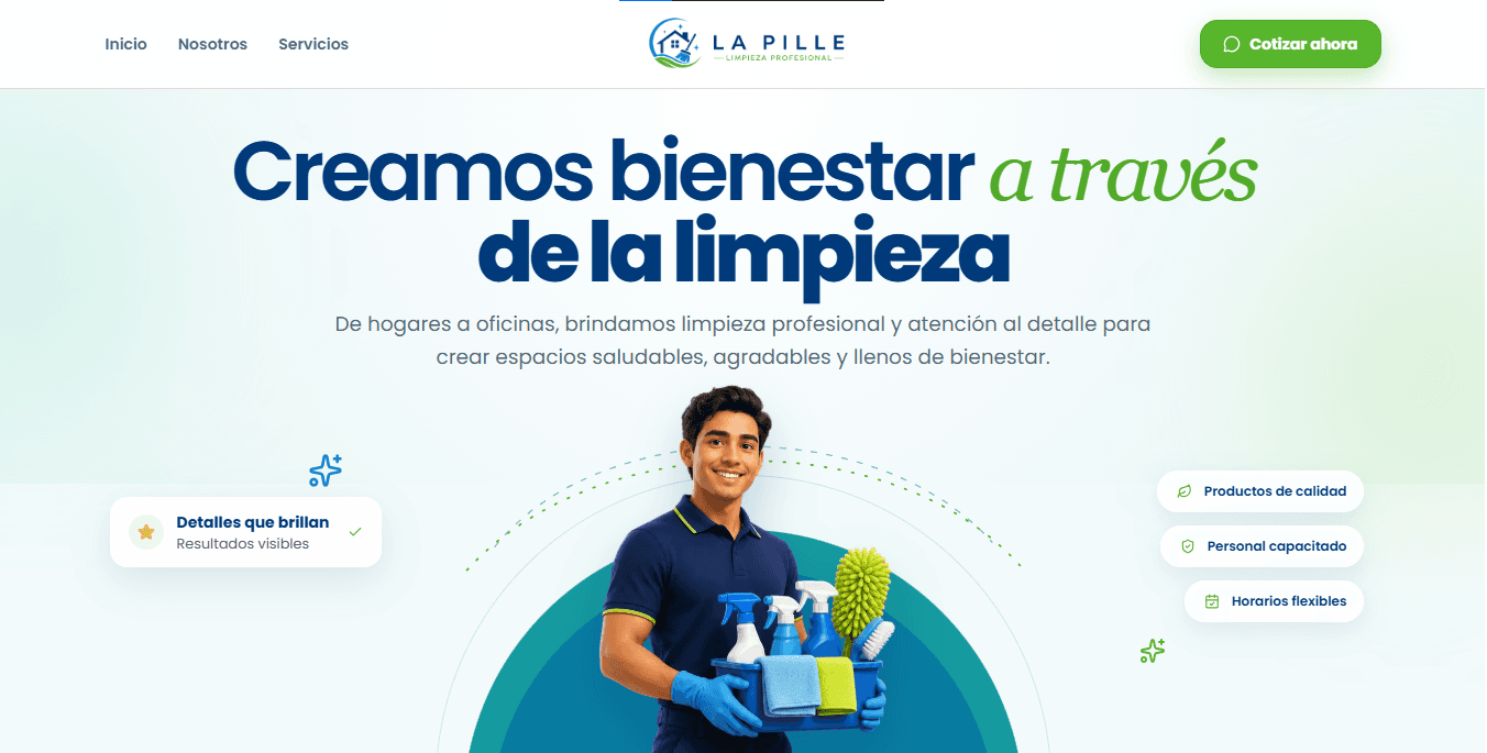 Portada de la landing page de servicios de limpieza profesional La Pille